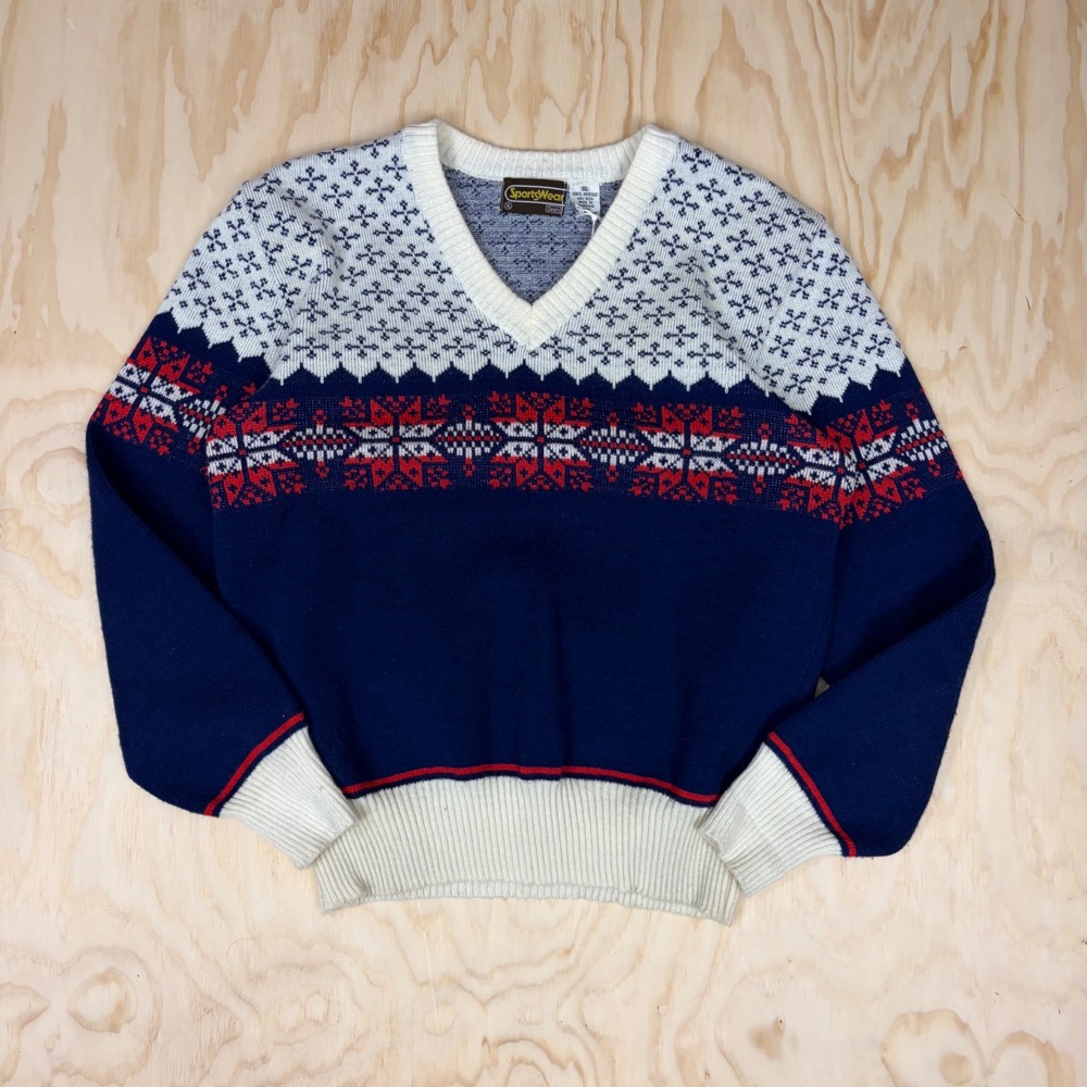 Vintage Sears Sportswear Mens XL V-Neck Fair Isle Nordic Sweater Navy Red White